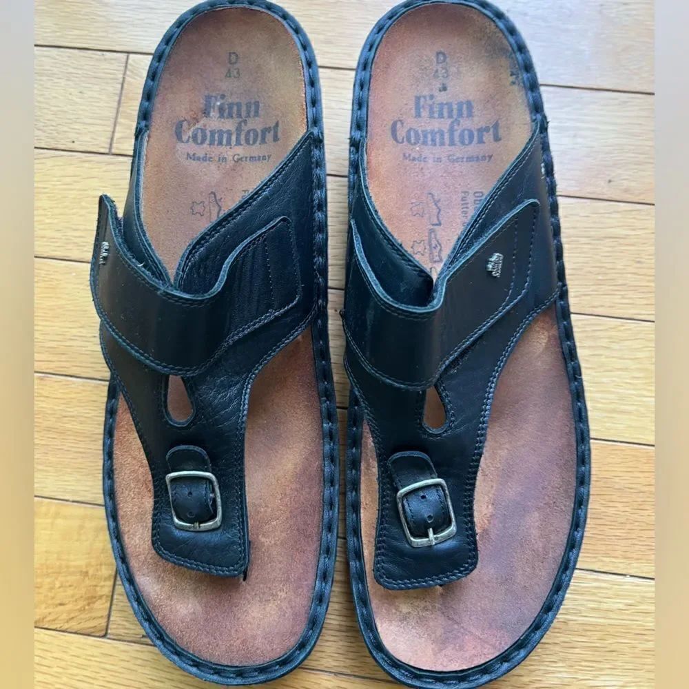 Finn Comfort Calmasino  Black Leather Buckle Adjustable Walking Sandals Sz 43